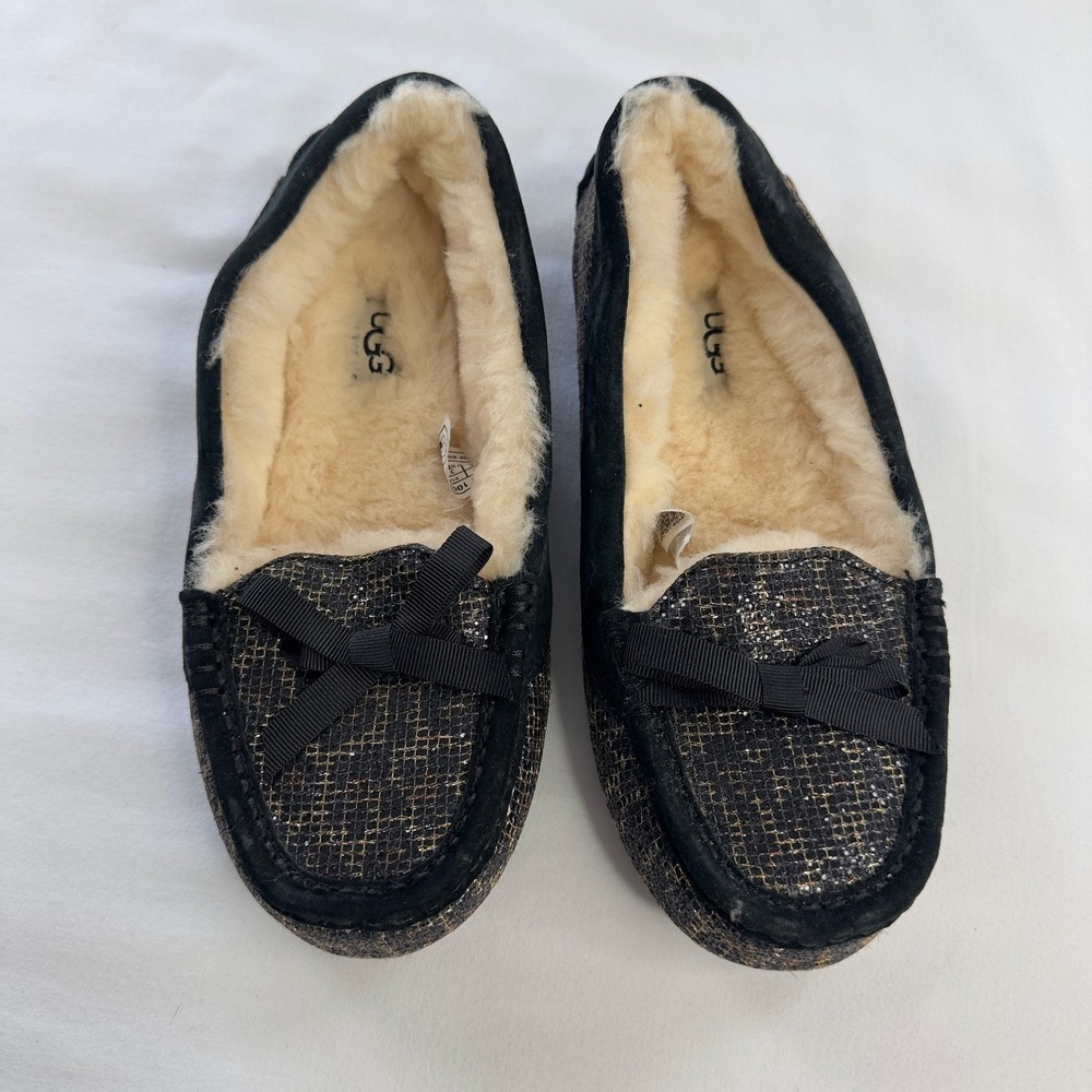 UGG Rylee Slipper Womens 6 Black Metallic Leopard Shearling Loafer Moc‎ Toe Shoe